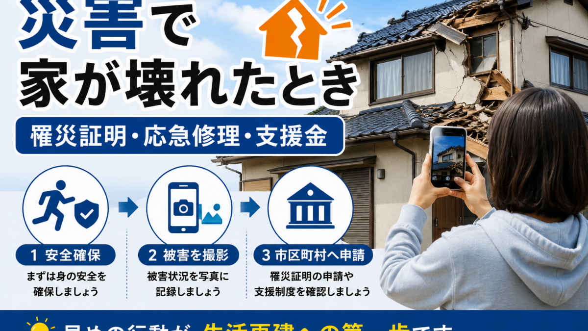 災害で壊れた住宅をスマートフォンで撮影し、安全確保、被害撮影、市区町村への申請手順を示す画像