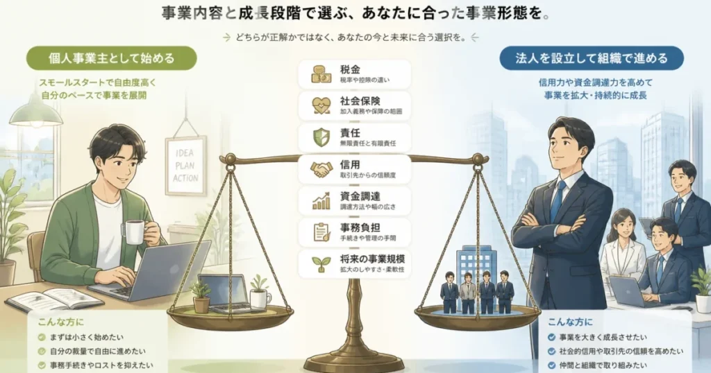 個人事業主と法人、どちらで起業する？｜開業前に決める7つの基準