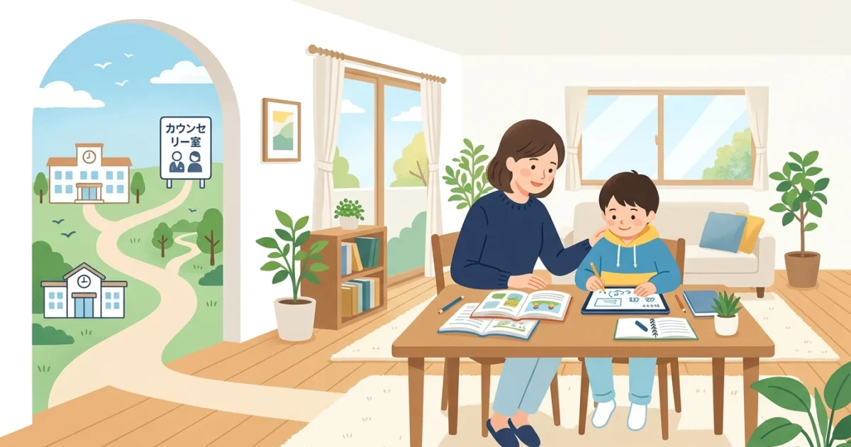 自宅で子どもが自分のペースで学び保護者が寄り添うイラスト
