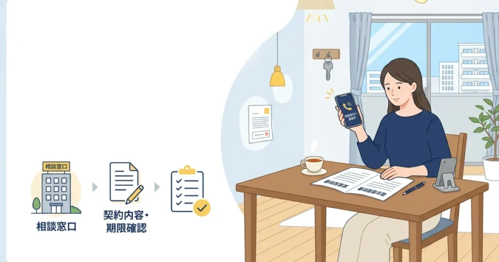 賃貸契約書や立ち退き通知を確認し相談先へ連絡するイラスト