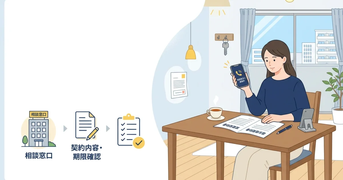 賃貸契約書や立ち退き通知を確認し相談先へ連絡するイラスト