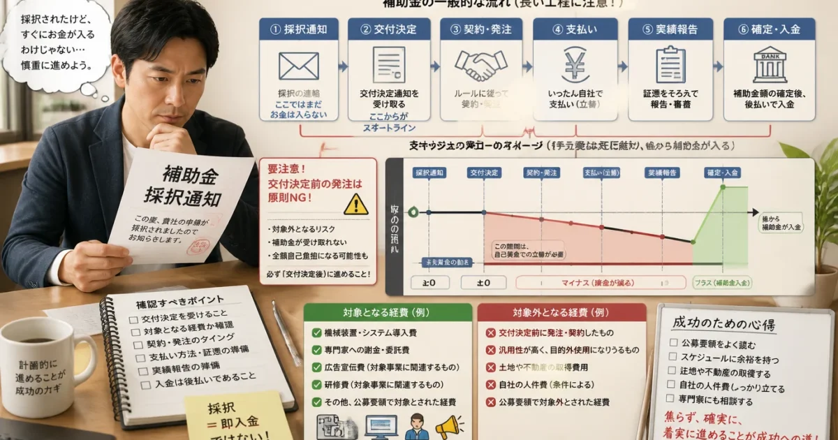 起業で補助金・助成金を使う前に｜後払い・対象外・交付決定の落とし穴