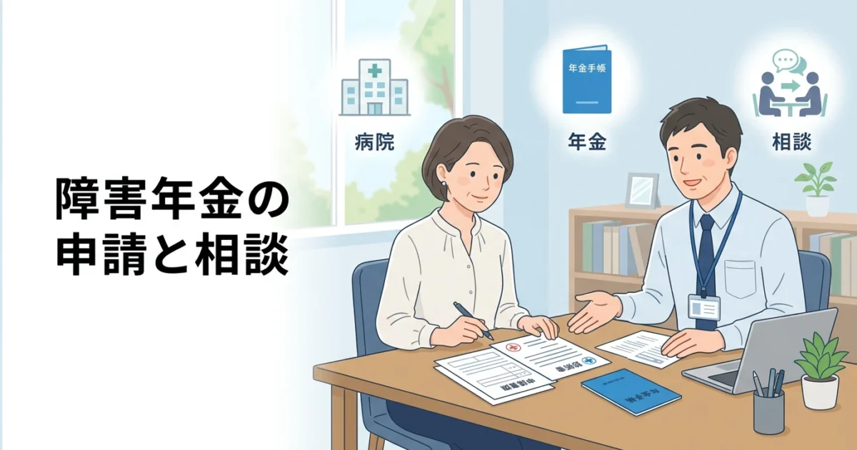 申請書類や診断書を確認しながら障害年金について相談するイラスト