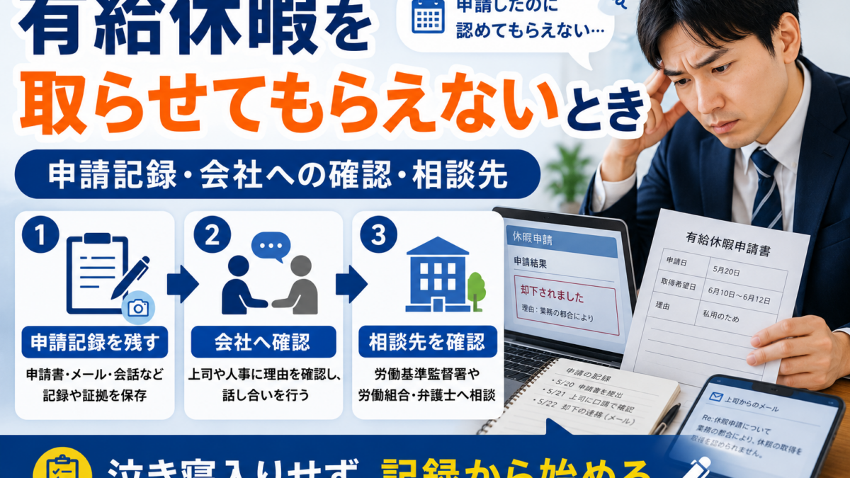 有給休暇の申請を断られ、申請書やメールを確認しながら困っている会社員