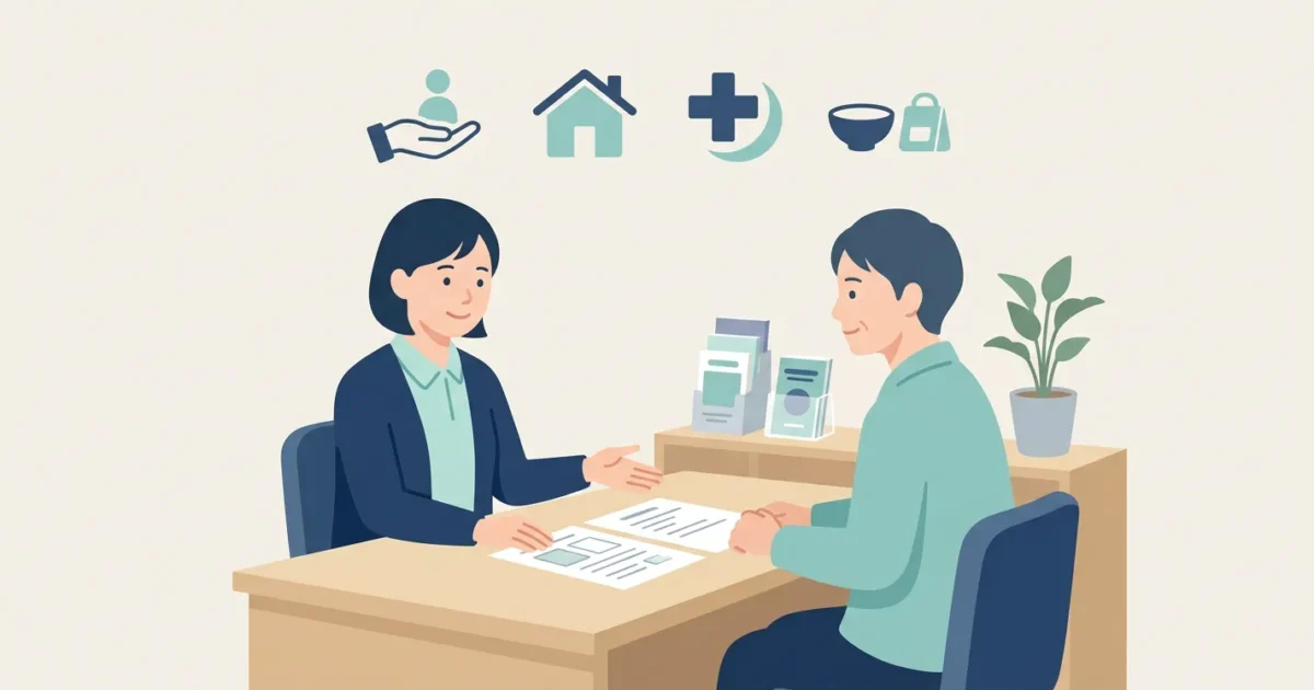 生活費や家計について相談員に相談する人のイラスト