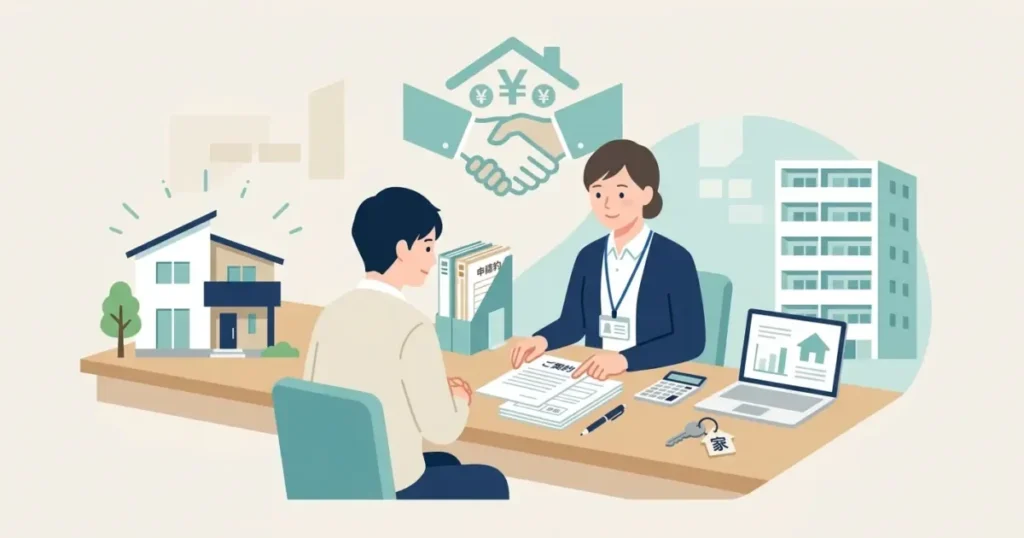 失業後の生活再建と公的支援を表す家族のイラスト