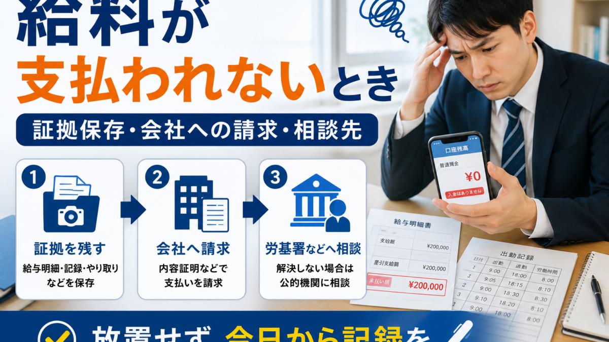 給料が支払われず、スマートフォンと給与明細を見て困っている会社員