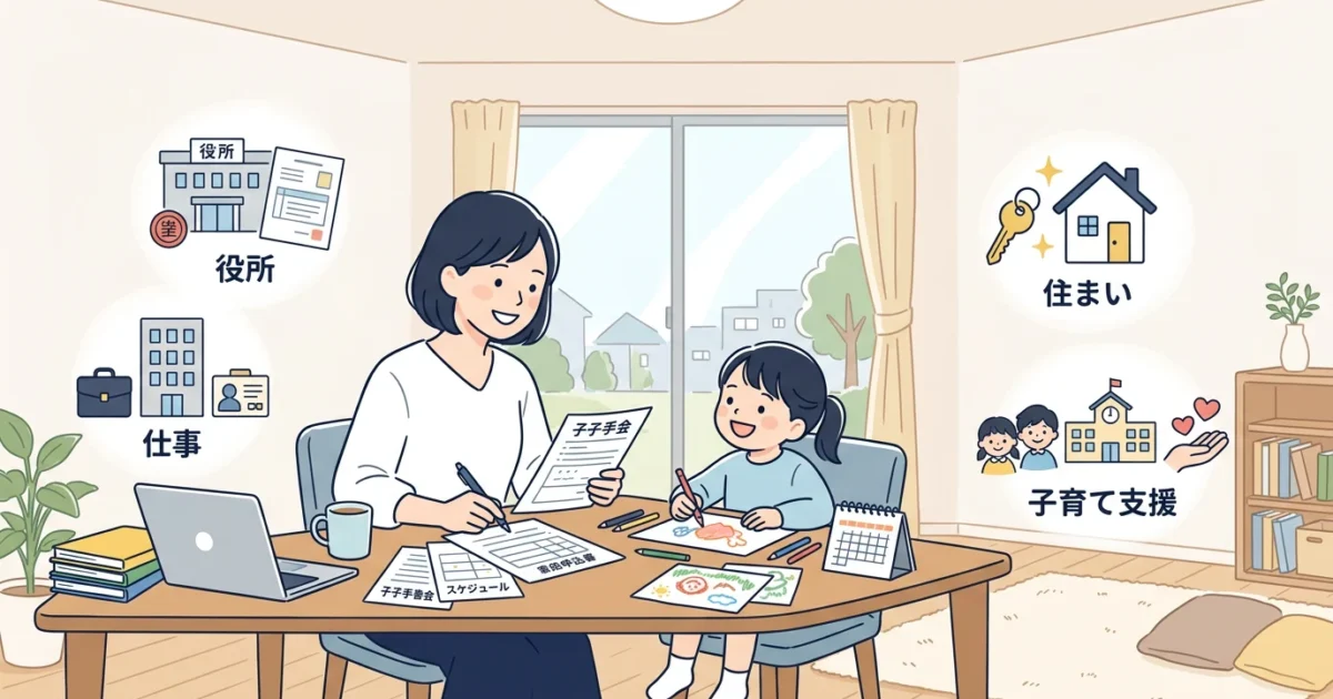 親子が暮らしの中で申請書類や生活予定を確認するイラスト