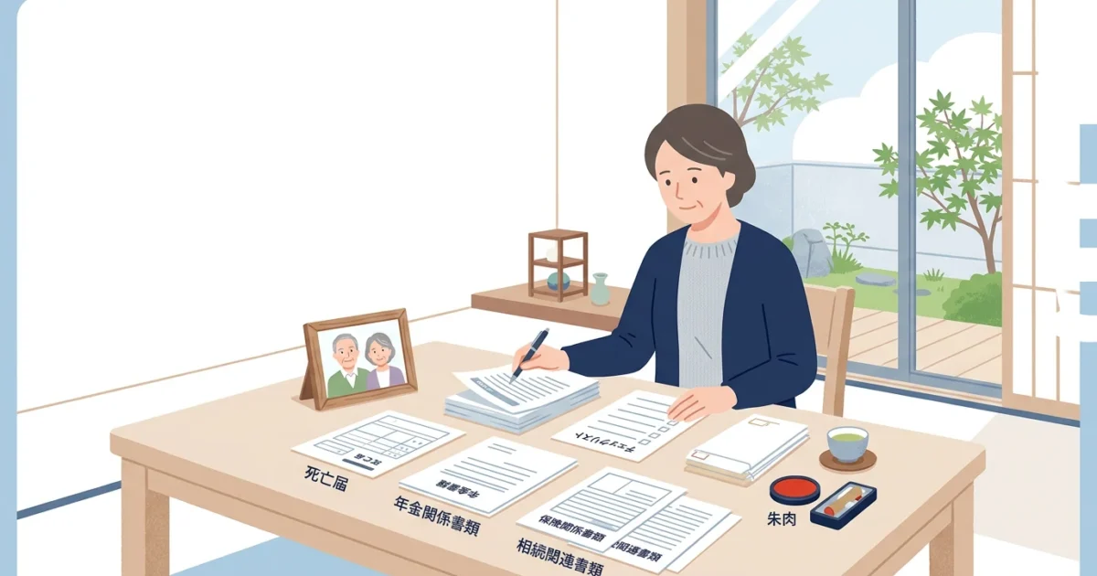死亡届や年金や保険や相続の書類を整理する遺族のイラスト