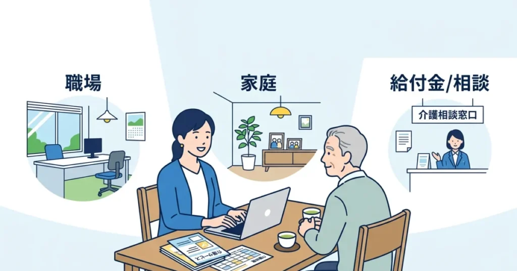 仕事の予定と介護制度の資料を確認しながら親と話すイラスト