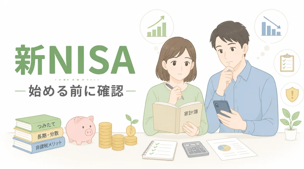 新NISAのつみたて投資枠についてスマホと家計簿を見ながら検討する人物のイラスト