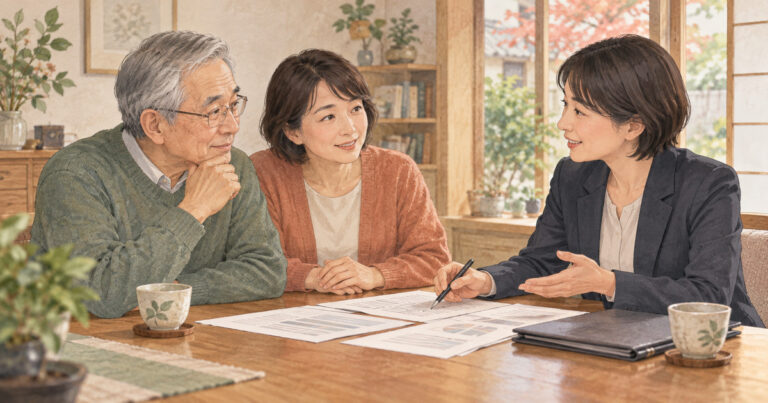 高齢の親と家族が専門家に財産管理について相談するイラスト。