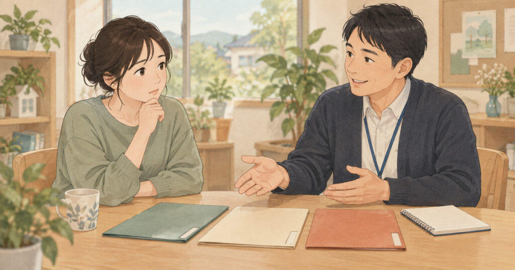 生活の困りごとを相談員と整理するイラスト。