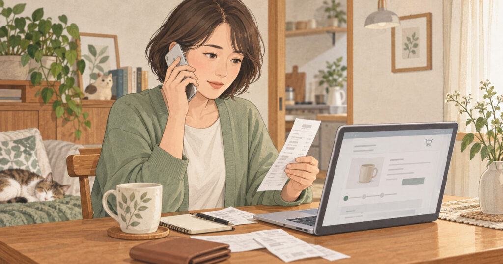買い物の記録を手元に電話で消費生活相談をするイラスト。