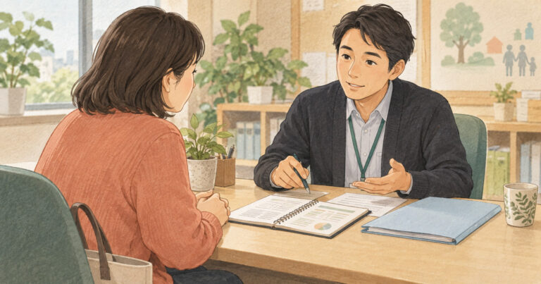 相談員と生活費の収支を確認するイラスト。