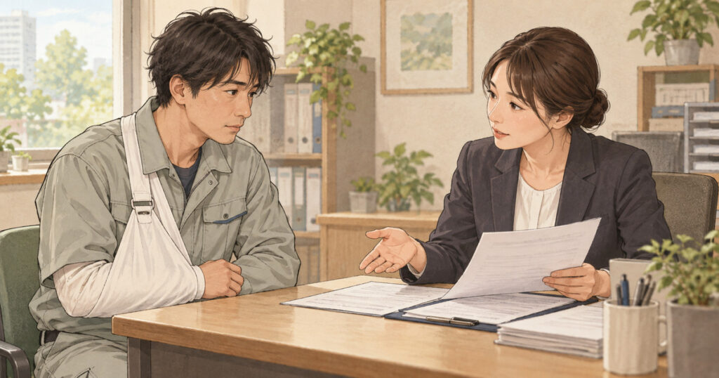 腕を負傷した作業員が窓口で休業に関する相談をするイラスト。