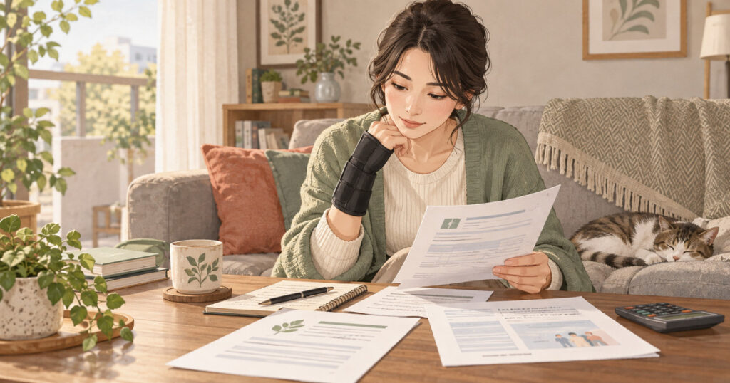 手首を保護した人が自宅で休業中の申請書類を確認するイラスト。