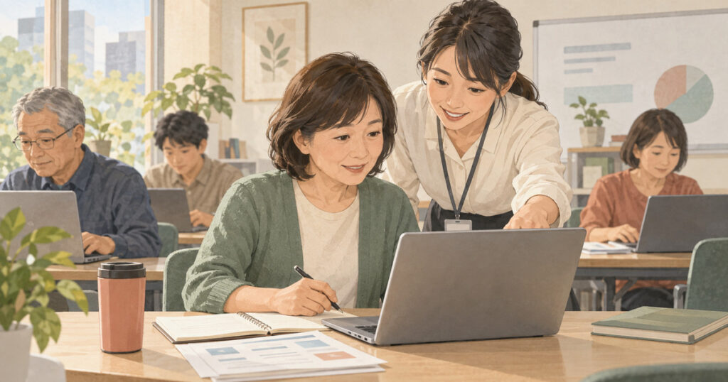 職業訓練の教室で受講者が講師とパソコン操作を確認するイラスト。