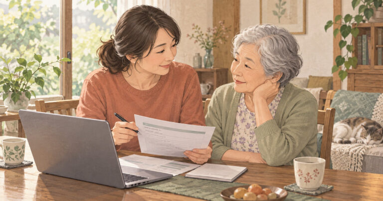 介護を担う家族が高齢の親と書類を確認するイラスト。