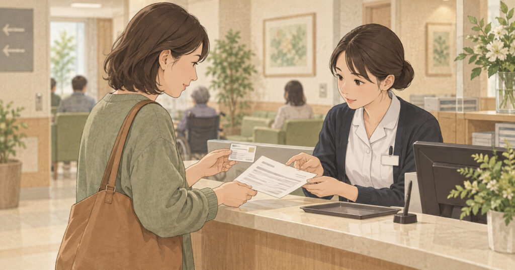 病院の会計窓口で医療費と必要書類を確認するイラスト。