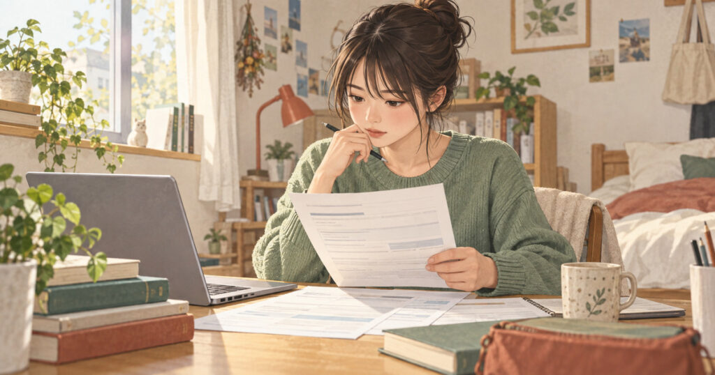 学生が机で年金の申請書類を確認しているイラスト。